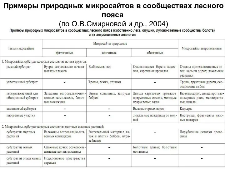 Примеры природных микросайтов в сообществах лесного пояса (по О.В.Смирновой и др., 2004)