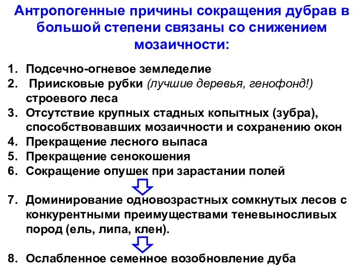 Подсечно-огневое земледелие Приисковые рубки (лучшие деревья, генофонд!) строевого леса Отсутствие крупных