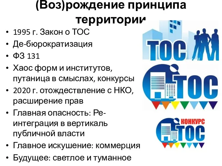 (Воз)рождение принципа территории 1995 г. Закон о ТОС Де-бюрократизация ФЗ 131