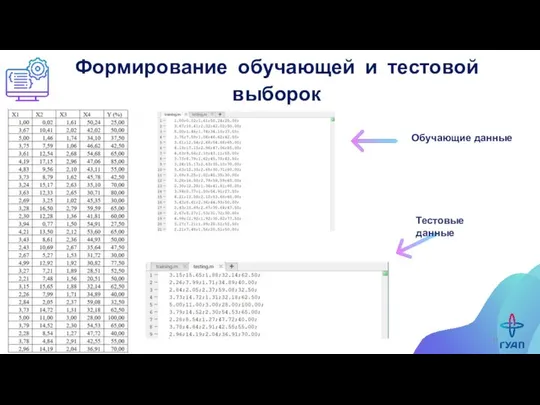 Формирование обучающей и тестовой выборок Обучающие данные Тестовые данные