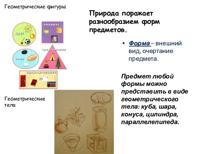 Форма – внешний вид, очертание предмета. Предмет любой формы можно представить