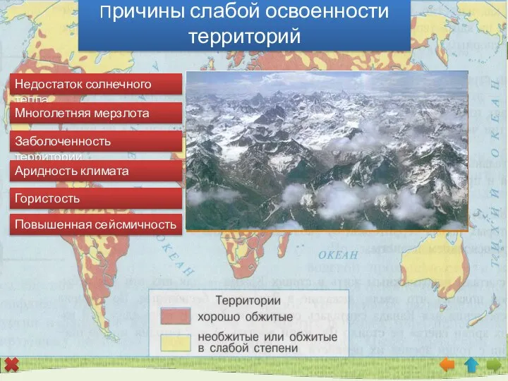 Современная ойкумена Освоенность континентов Земли Причины слабой освоенности территорий Недостаток солнечного