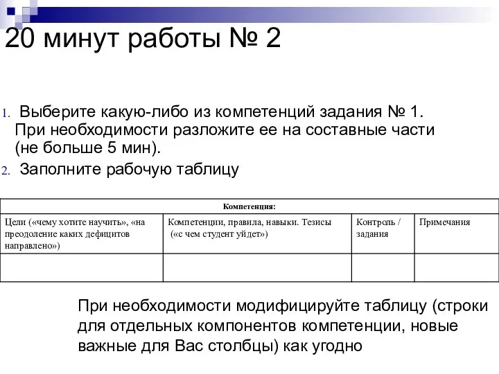 20 минут работы № 2 Выберите какую-либо из компетенций задания №