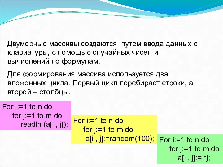 Создание двумерных массивов Двумерные массивы создаются путем ввода данных с клавиатуры,