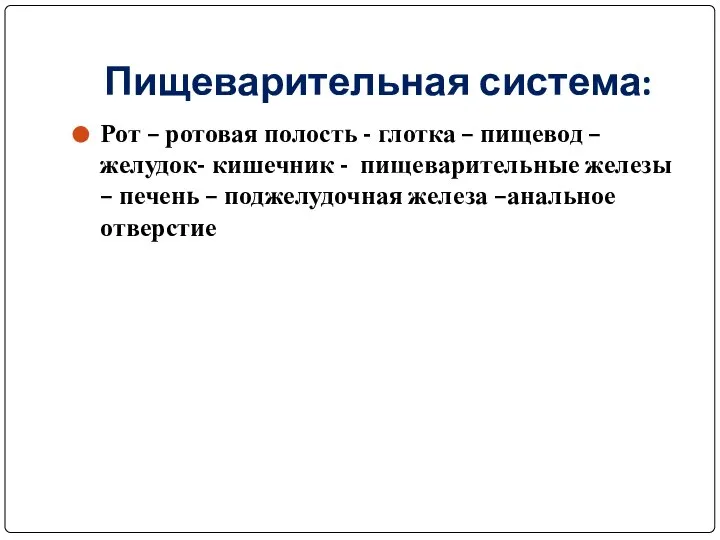 Пищеварительная система: Рот – ротовая полость - глотка – пищевод –