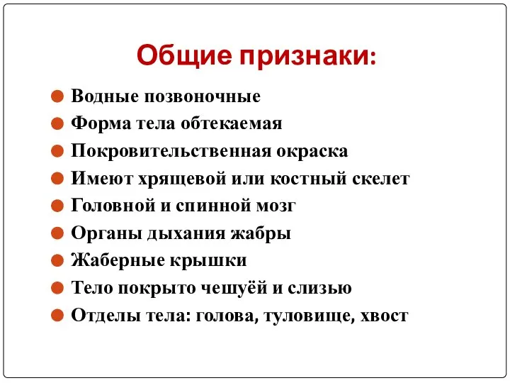 Общие признаки: Водные позвоночные Форма тела обтекаемая Покровительственная окраска Имеют хрящевой