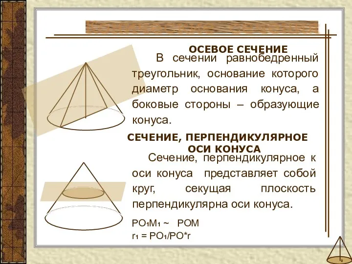 Сечение, перпендикулярное к оси конуса представляет собой круг, секущая плоскость перпендикулярна