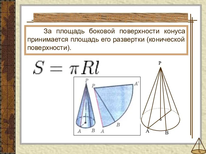 За площадь боковой поверхности конуса принимается площадь его развертки (конической поверхности). Площадь боковой поверхности конуса