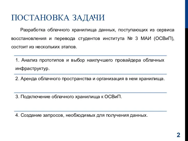 ПОСТАНОВКА ЗАДАЧИ Разработка облачного хранилища данных, поступающих из сервиса восстановления и