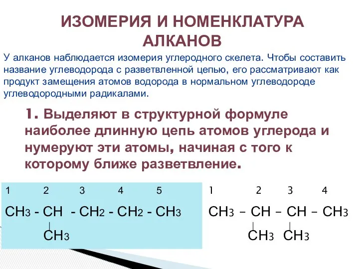 ИЗОМЕРИЯ И НОМЕНКЛАТУРА АЛКАНОВ У алканов наблюдается изомерия углеродного скелета. Чтобы