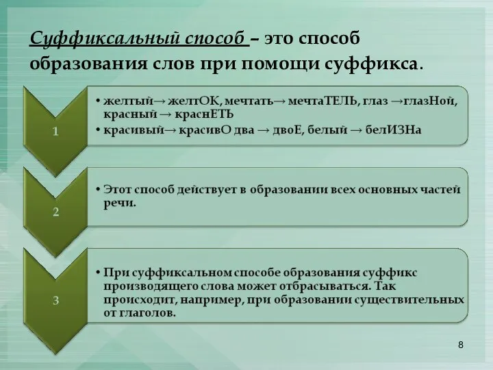 Суффиксальный способ – это способ образования слов при помощи суффикса.