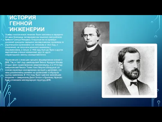 ИСТОРИЯ ГЕННОЙ ИНЖЕНЕРИИ Основы классической генетики были заложены в середине XIX