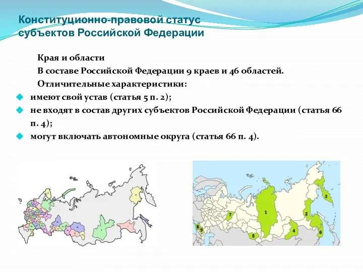 Конституционно-правовой статус субъектов Российской Федерации Края и области В составе Российской