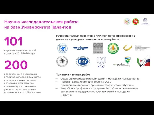 Научно-исследовательская работа на базе Университета Талантов 101 научно-исследовательский проект за 2015-2020