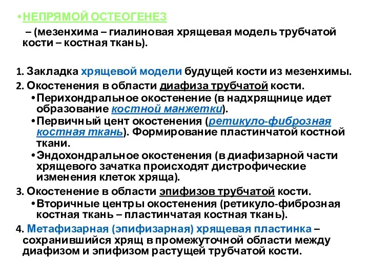 НЕПРЯМОЙ ОСТЕОГЕНЕЗ – (мезенхима – гиалиновая хрящевая модель трубчатой кости –