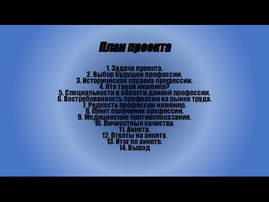 План проекта 1. Задача проекта. 2. Выбор будущей профессии. 3. Историческая