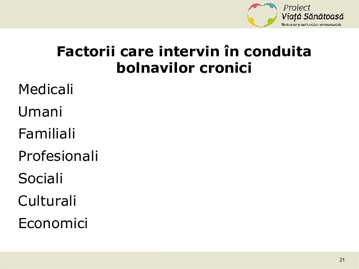 Factorii care intervin în conduita bolnavilor cronici Medicali Umani Familiali Profesionali Sociali Culturali Economici