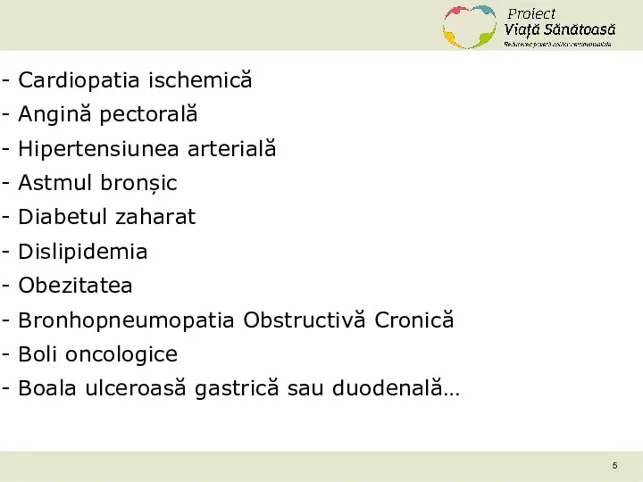 Cardiopatia ischemică Angină pectorală Hipertensiunea arterială Astmul bronșic Diabetul zaharat Dislipidemia