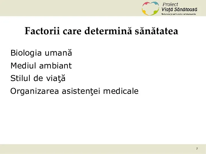 Factorii care determină sănătatea Biologia umană Mediul ambiant Stilul de viaţă Organizarea asistenţei medicale