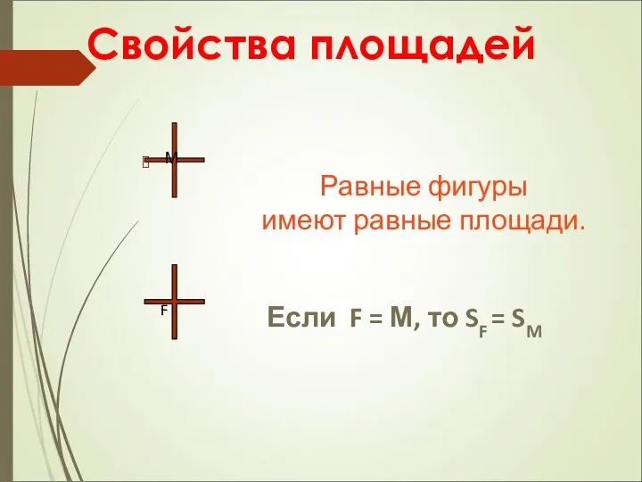 Свойства площадей Равные фигуры имеют равные площади. F М Если F