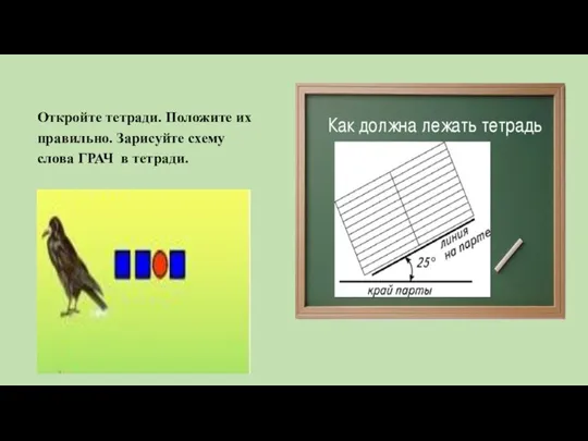 Откройте тетради. Положите их правильно. Зарисуйте схему слова ГРАЧ в тетради.