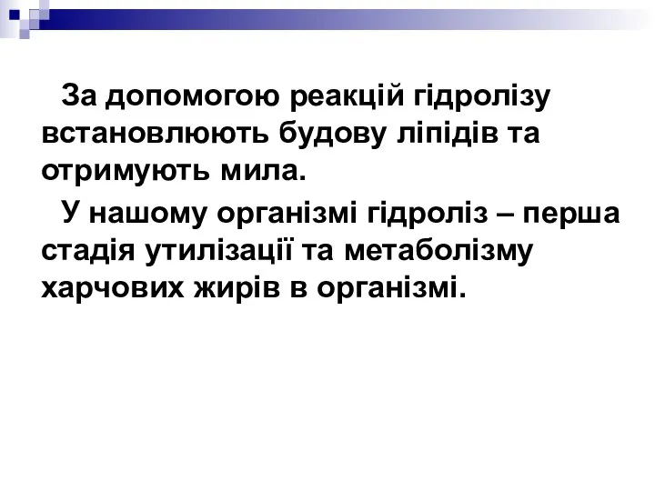 За допомогою реакцій гідролізу встановлюють будову ліпідів та отримують мила. У