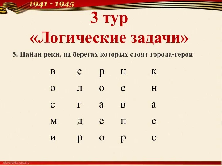 3 тур «Логические задачи» 5. Найди реки, на берегах которых стоят города-герои