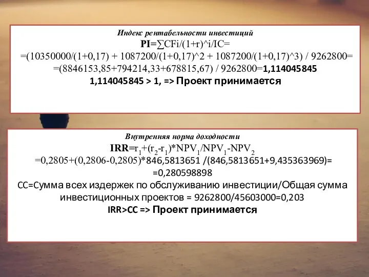 Индекс рентабельности инвестиций PI=∑CFi/(1+r)^i/IC= =(10350000/(1+0,17) + 1087200/(1+0,17)^2 + 1087200/(1+0,17)^3) / 9262800=