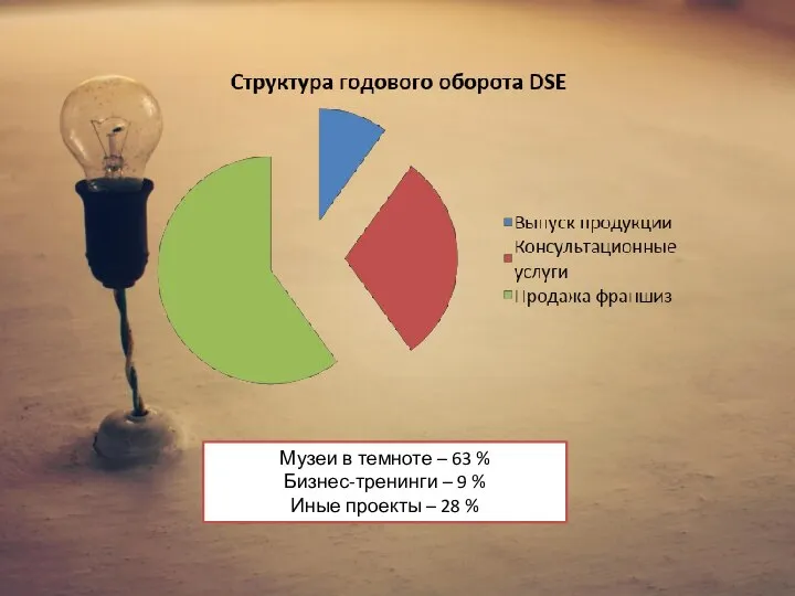 Музеи в темноте – 63 % Бизнес-тренинги – 9 % Иные проекты – 28 %