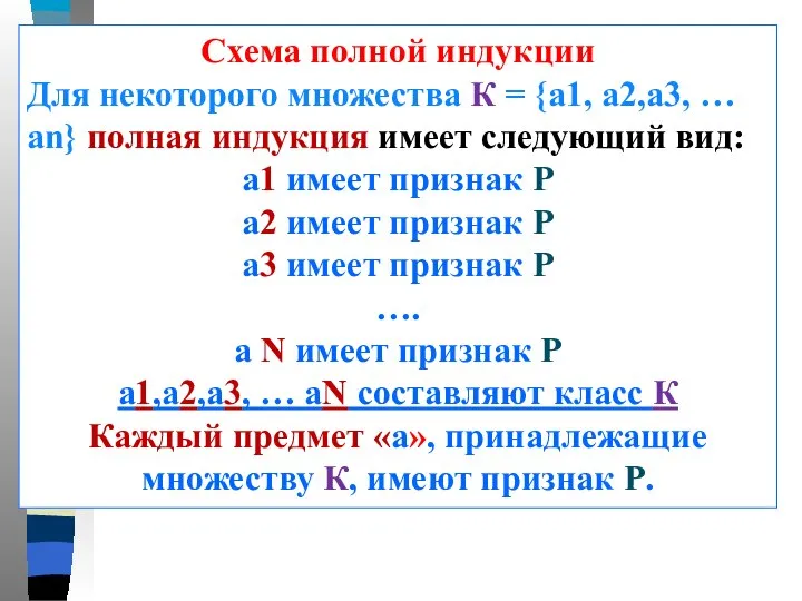 Схема полной индукции Для некоторого множества К = {а1, а2,а3, …