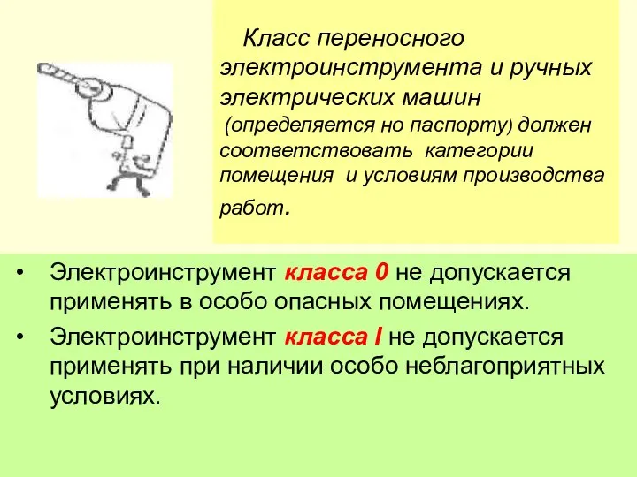 Класс переносного электроинструмента и ручных электрических машин (определяется но паспорту) должен