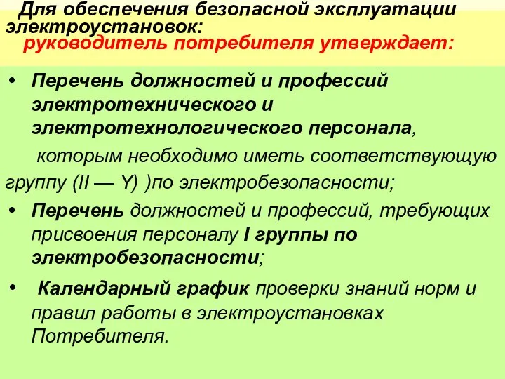 Для обеспечения безопасной эксплуатации электроустановок: руководитель потребителя утверждает: Перечень должностей и