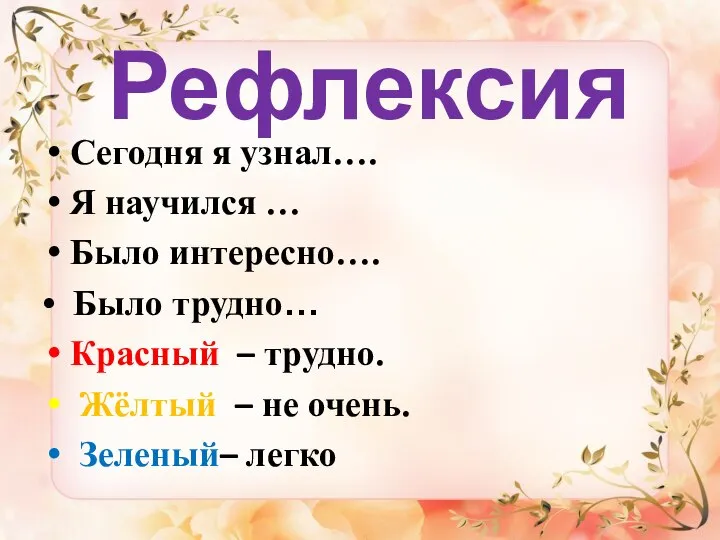 Рефлексия Сегодня я узнал…. Я научился … Было интересно…. • Было