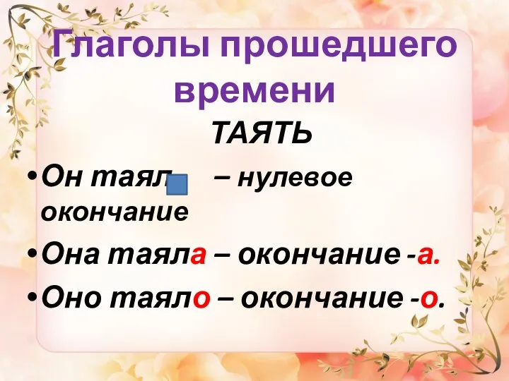 Глаголы прошедшего времени ТАЯТЬ Он таял – нулевое окончание Она таяла