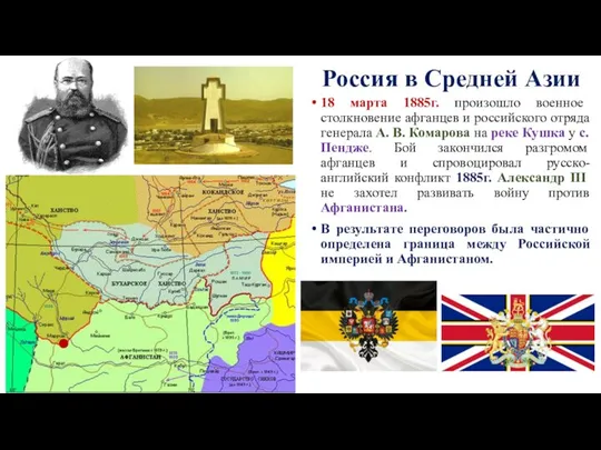 Россия в Средней Азии 18 марта 1885г. произошло военное столкновение афганцев