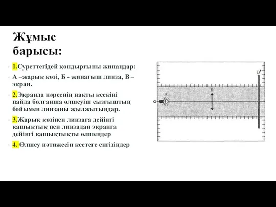 Жұмыс барысы: 1.Суреттегідей қондырғыны жинаңдар: А –жарық көзі, Б - жинағыш