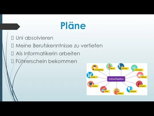 Pläne Uni absolvieren Meine Berufskenntnisse zu vertiefen Als Informatikerin arbeiten Führerschein bekommen