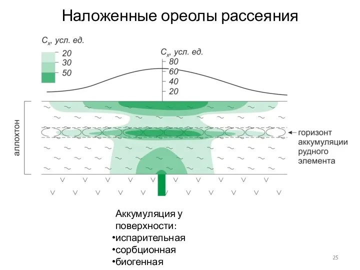 Наложенные ореолы рассеяния Аккумуляция у поверхности: испарительная сорбционная биогенная