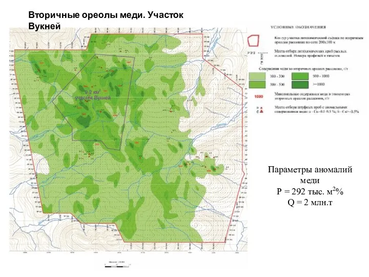 Вторичные ореолы меди. Участок Вукней Параметры аномалий меди Р = 292