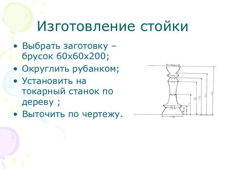 Изготовление стойки Выбрать заготовку – брусок 60х60х200; Округлить рубанком; Установить на