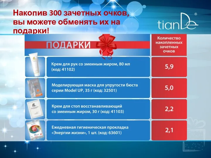 Накопив 300 зачетных очков, вы можете обменять их на подарки!