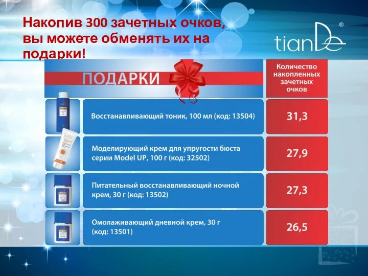 Накопив 300 зачетных очков, вы можете обменять их на подарки!