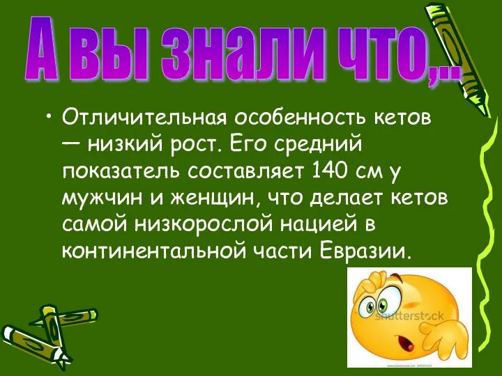 Отличительная особенность кетов — низкий рост. Его средний показатель составляет 140