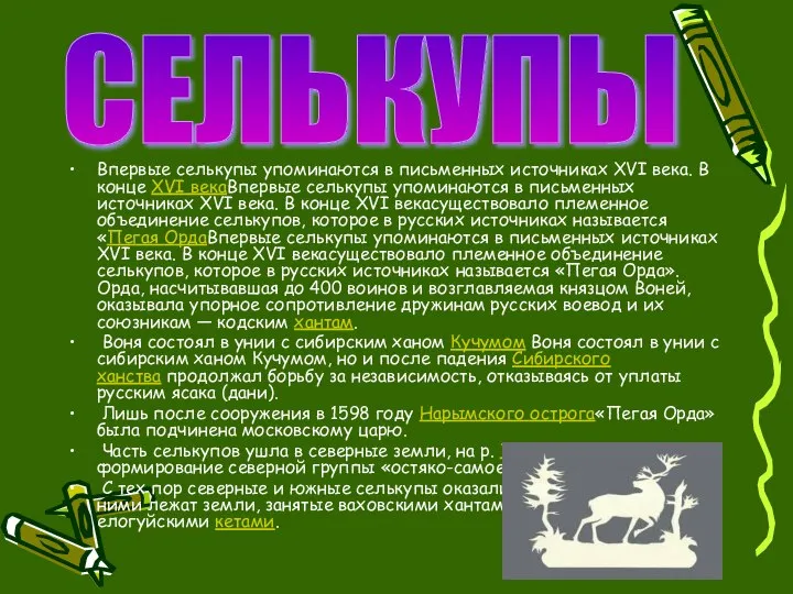 Впервые селькупы упоминаются в письменных источниках XVI века. В конце XVI