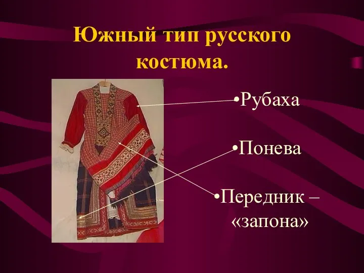 Южный тип русского костюма. Рубаха Понева Передник – «запона»