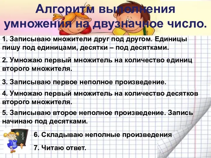 Алгоритм выполнения умножения на двузначное число. 1. Записываю множители друг под