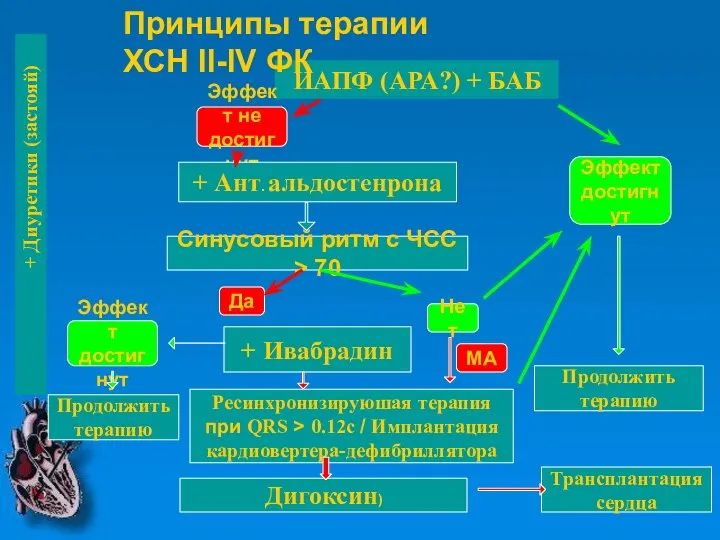 + Диуретики (застояй) ИАПФ (АРА?) + БАБ Принципы терапии ХСН II-IV