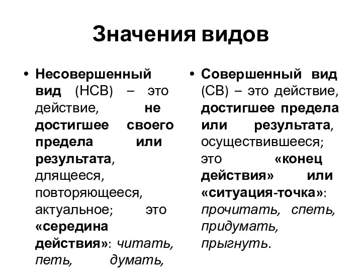 Значения видов Несовершенный вид (НСВ) – это действие, не достигшее своего