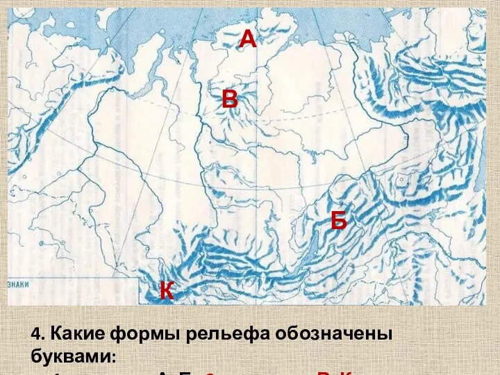 4. Какие формы рельефа обозначены буквами: 1вариант - А, Б. 2 вариант – В, К.