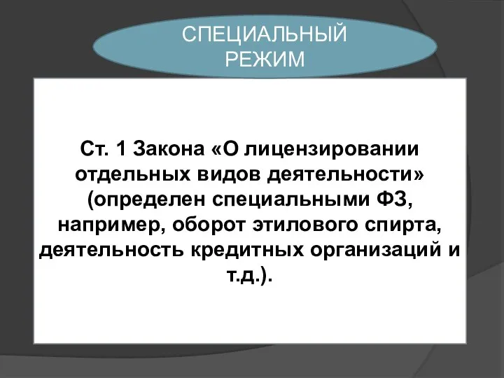 Ст. 1 Закона «О лицензировании отдельных видов деятельности» (определен специальными ФЗ,